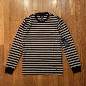 POLO RALPH LAUREN Navy STRIPED Waffle Knit Long Sleeve Lounge Tee MEDIUM NWT